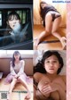 A collage of photos of a woman sitting on a bed.