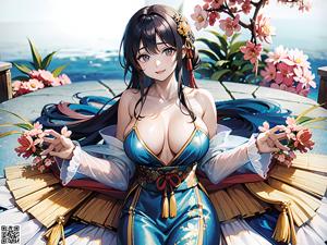 A woman in a blue dress sitting on a wooden bench.